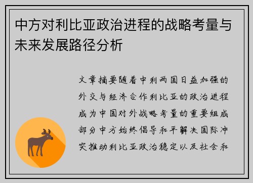 中方对利比亚政治进程的战略考量与未来发展路径分析